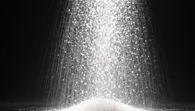 White plastic polymer pellets pouring from an industrial machine into a large storage container in a manufacturing facility.