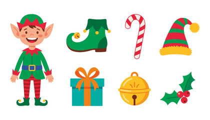 Fototapeta premium Cute Christmas Elf Vector Character Set Featuring Elves Green Pointed Boot Candy Cane Stripe Hat Turquoise Gift Box Golden Jingle Bell and Holly Berry