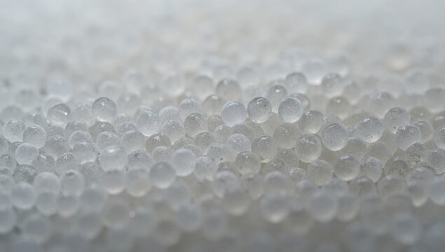 White plastic polymer pellets pouring from an industrial machine into a large storage container in a manufacturing facility.