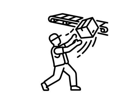 A warehouse worker attempts to catch a falling package from a conveyor belt with urgency and motion