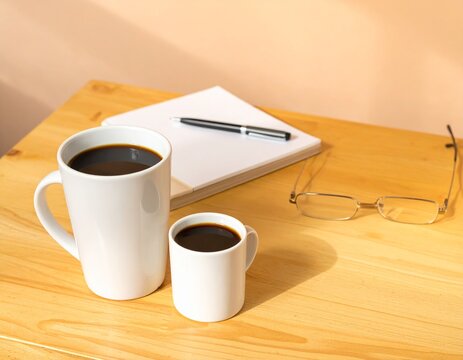 Coffee mugs beside a blank open notebook, pen and glasses on a wooden desk, close up meeting still life