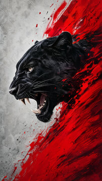 Powerful black panther head roaring with intensity against a grey textured wall background featuring dynamic red paint splatters and artistic brush strokes for a bold commercial look