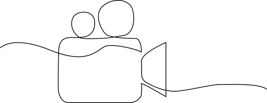 Minimalist continuous line drawing of a video camera with film reels for filmmaking, cinema, video recording and media production.