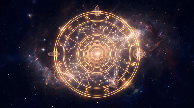 Abstract mystical background with a glowing golden astrological zodiac wheel and star constellations