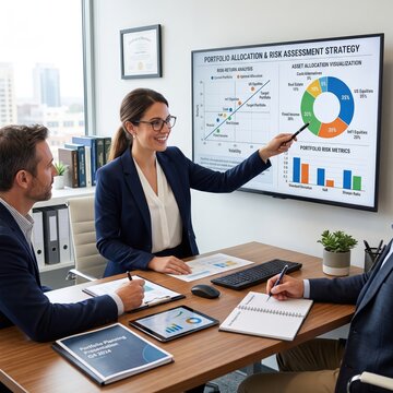Financial advisors review portfolio allocation and risk assessment during a client meeting, investment strategy, wealth management, financial planning, portfolio analysis.