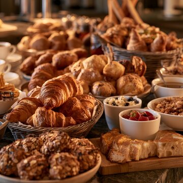 Buffet breakfast with croissants, pastries, and fresh berries
