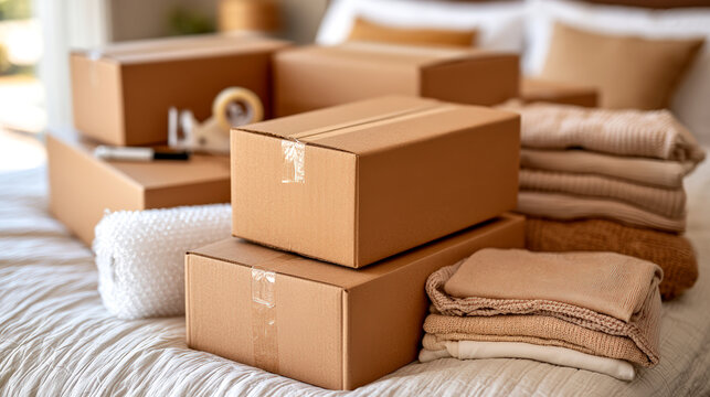 Organized moving boxes and folded clothes prepared for efficient household relocation packing