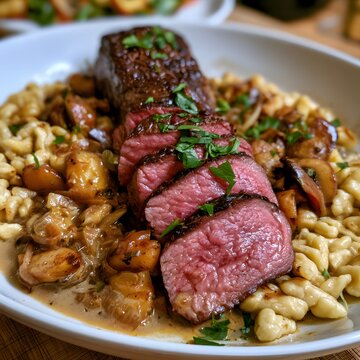 Medium rare beef tenderloin steak with spaetzle