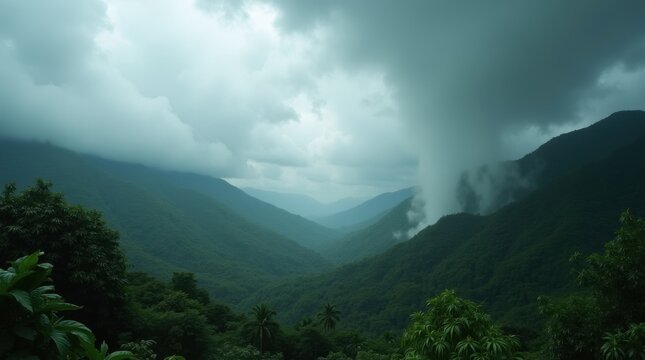 Tormenta tropical acerc&aacute;ndose a una exuberante selva tropical, nubes densas desplaz&aacute;ndose sobre monta&ntilde;as verdes, fuertes lluvias cayendo
