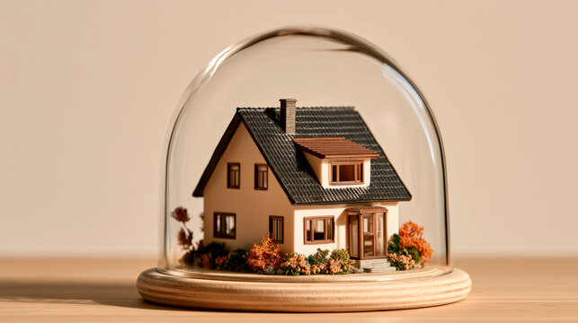 Home insurance concept with protected house model under transparent safety dome display