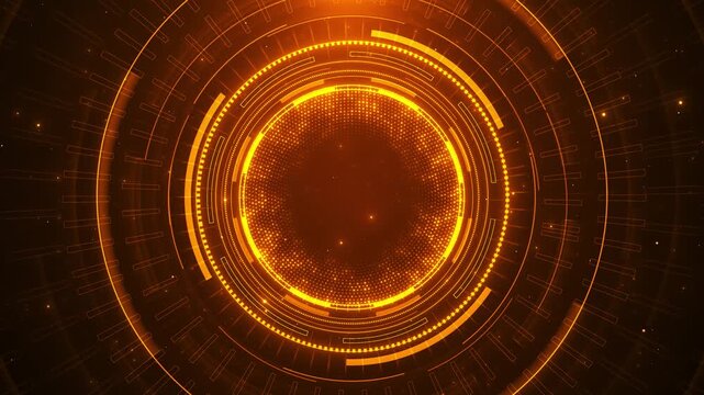 Golden orange HUD interface forms layered circular rings, glowing markers and radial details. Ideal for AI, fintech, cyber security, analytics, sci-fi dashboards, 19 intros and looping screen.