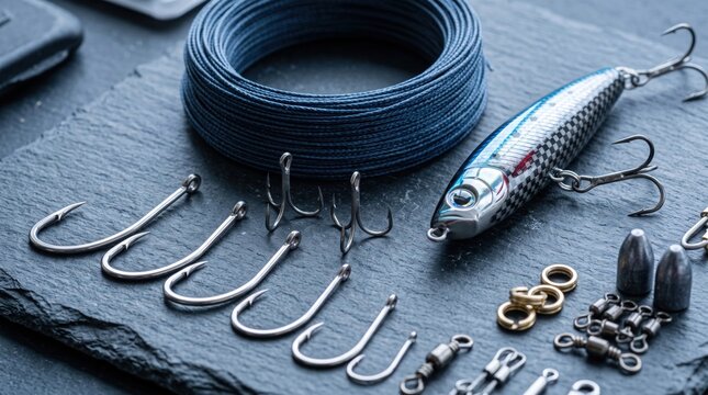 Professional Fishing Gear Set Including Hooks Lures And Line For Angling Wallpaper.