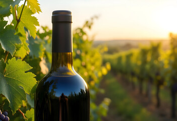 Naklejka premium Wine production and viticulture, red wine bottle in a vineyard at sunset, winemaking and agricultural industry
