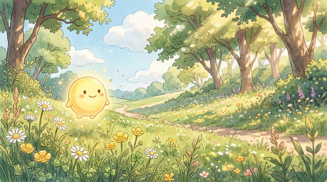 緑豊かな森と花畑に浮かぶ光るかわいいキャラクターのファンタジー水彩画風イラスト
