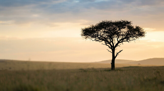 Solitary acacia tree standing in african savannah at sunset with savannah