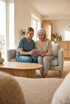 Caring female nurse and senior woman sitting on couch using digital tablet together at home