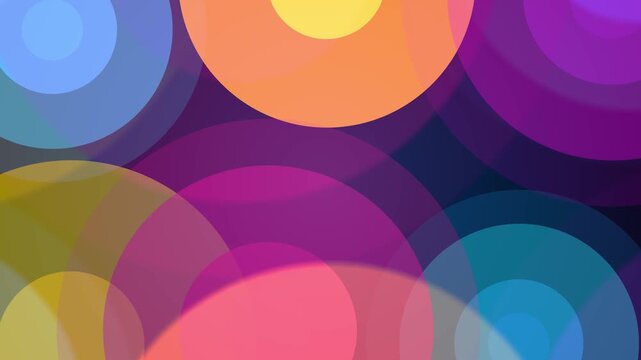 Bright overlapping circles in pink, blue, yellow and purple create a bold abstract background. Ideal for youth promos, social content, playful branding, music visuals, events and modern presentations.
