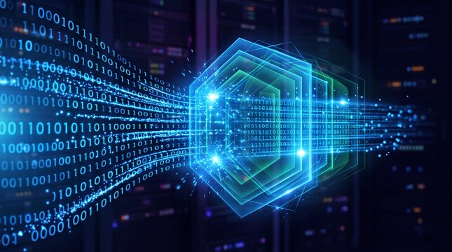 A futuristic data stream flowing through high-tech servers, showcasing binary code and digital innovation.