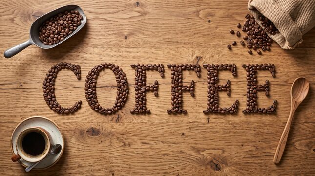 Coffee word typography spelled with roasted beans on wooden surface.