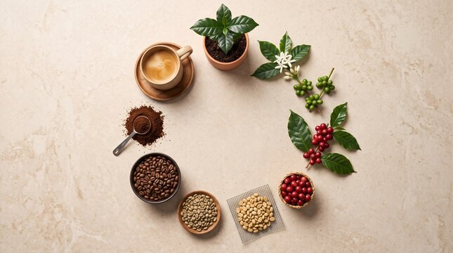 Complete coffee cycle: from plant to beverage.