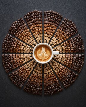 Espresso Coffee Surrounded by Coffee Beans with Different Roast Levels.