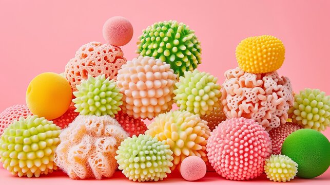 Abstract composition of colorful textured pom poms and vibrant furry balls in pastel shades