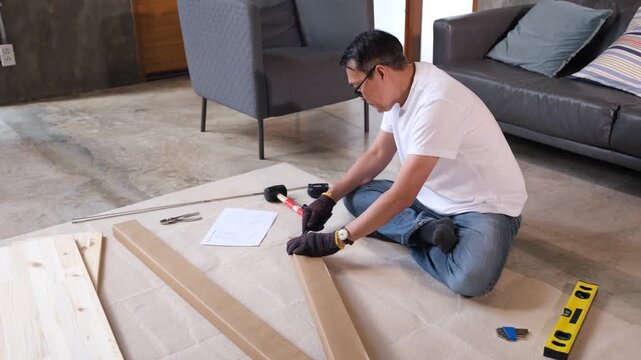 Furniture assembly Adult man using tool on wood board at home floor with instruction paper for flat pack shelf project