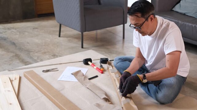 Furniture assembly man uses tool on wood plank for home project, adult builds flat pack table cabinet on living room floor