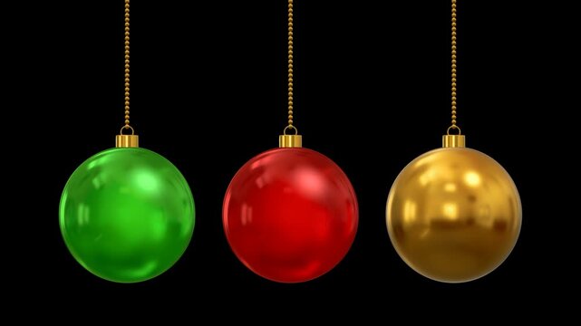 Hanging Christmas Ornament Balls Rotating Isolated Alpha channel Loop Animation, Green, Red and Gold 3D Balls Holiday and New Year Videos Overlay Motion design element