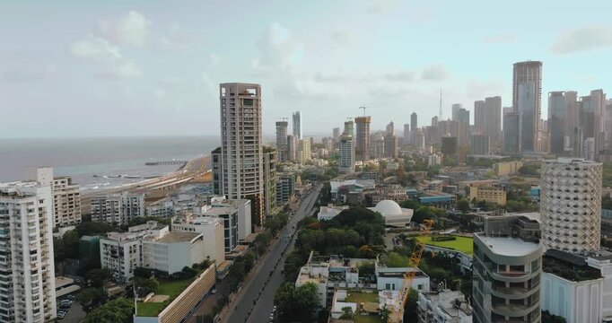 Aerial view of Mumbai Skyline, high-rise buildings in Mumbai, Maharashtra, India. Cinematic shot of an Indian cityscape. Most posh areas of Worli-Lower Parel in Mumbai.