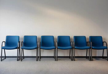 Obraz premium Job market and unemployment crisis, empty blue chairs in a waiting room layoffs and corporate downsizing