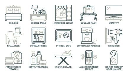 Fototapeta premium Hotel Room Amenities and Facilities Icon Set for Hospitality and Travel Accommodations Service