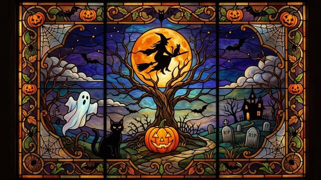 Halloween Stained Glass Window Loop, Backlit Flying Witch on Moon, Black Cat, Pumpkin, and Ghost Video Background