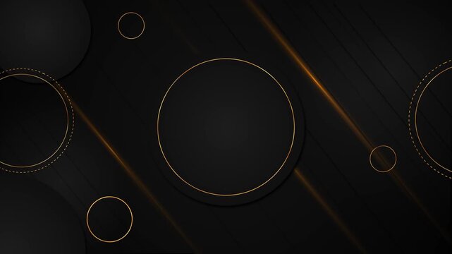 Dark black graphic background with orange round outlines, diagonal streaks and layered shapes. Ideal for luxury tech branding, business intros, product titles, modern promos and seamless motion loops.