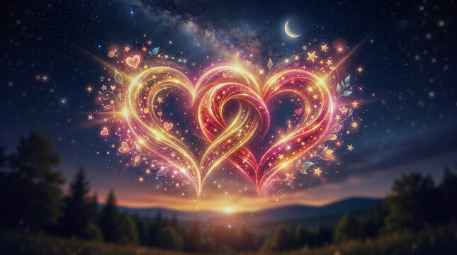 Dos corazones entrelazados brillantes de luz dorada y destellos c&oacute;smicos sobre un fondo espacial con estrellas y galaxias.