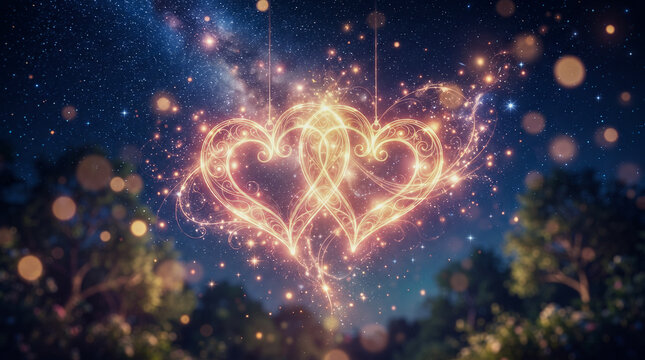 Dos corazones entrelazados brillantes de luz dorada y destellos c&oacute;smicos sobre un fondo espacial con estrellas y galaxias.