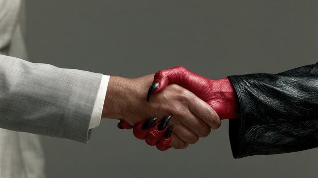 business handshake with a devil symbolizing temptation corruption and unethical deals