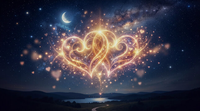 Dos corazones entrelazados brillantes de luz dorada y destellos c&oacute;smicos sobre un fondo espacial con estrellas y galaxias.