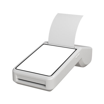 POS terminal with blank screen and printed paper receipt, modern white 3D render at side perspective angle on white background for checkout mockups.