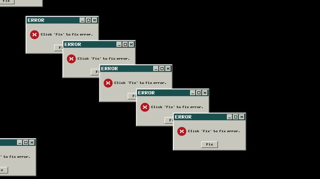 Error Cascade Computer Glitch Animation, Digital Error Message, Retro Computer Interface, Seamless Loop, Glitching Text, User Interface Notification, Technology Background