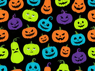 Fototapeta premium Seamless Halloween pattern with colorful jack-o-lantern pumpkins and spooky expressions on black background.