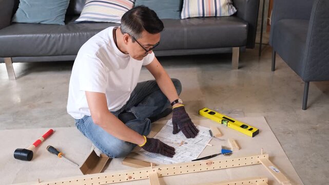 Furniture assembly man with tool and plan in living room near sofa building wooden shelf cabinet on floor at home