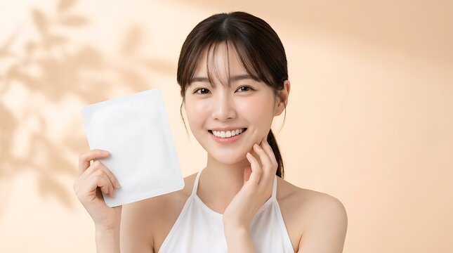 Young woman with a cheerful smile and clear skin holding a blank white paper in bright soft lighting emphasizing natural beauty