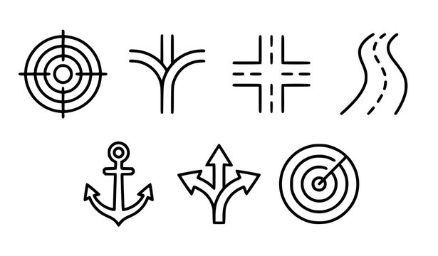 Travel navigation and wayfinding line icons showing target bullseye forked road intersection winding path marine anchor three way split arrow radar scope with navigation, direction