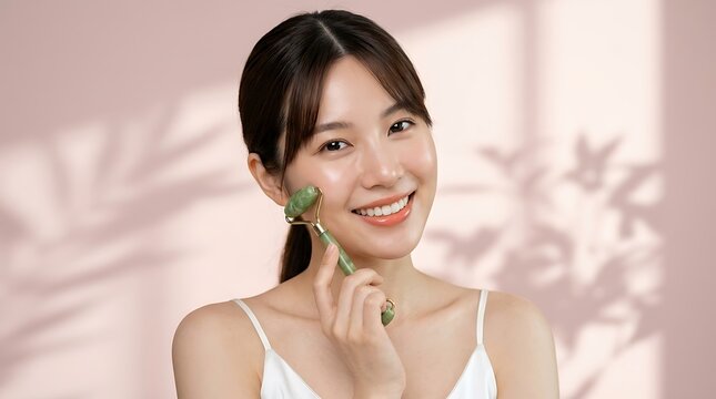 young woman with skincare jade roller smiling cheerful healthy skincare routine facial massage