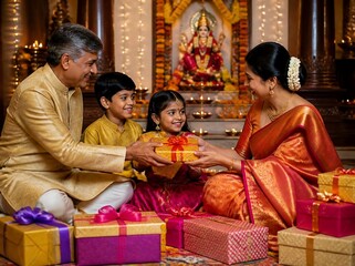 Fototapeta premium Indian family lighting brass diya lamps during joyful Diwali puja ceremony at home
