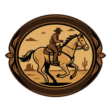 Cowboy riding horse through desert in oval frame.