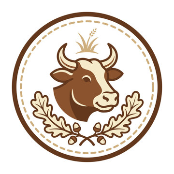Cow head portrait in circular farm emblem with oak.