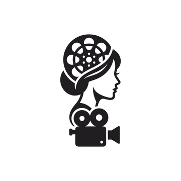 Creative cinema woman silhouette with film reel.