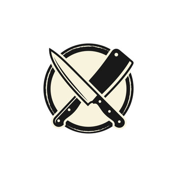 Crossed chef knife and meat cleaver circle logo.